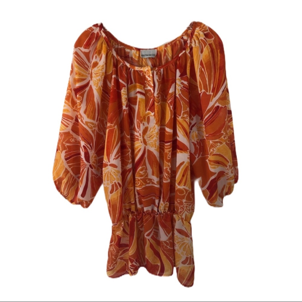 Kristin Nicole Orange White Tropical Summer Top